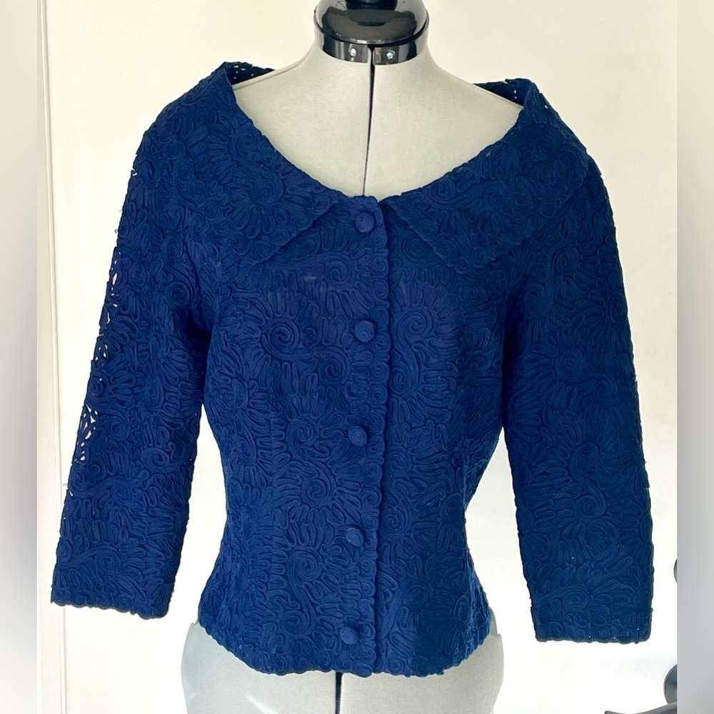 Vintage Bonwit Teller woven 50s/60’s jacket, ribbons of lace, navy blue, SzXS